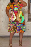 Colorful Casual Graphics Print V Neck Short Sleeve Loose Pockets Midi T-Shirt Dress