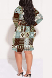 Reddish Brown Casual Plaid Floral Print Lace Up V Neck Long Sleeve Ruffle Hem Vacation Plus Size Bodycon Midi Dresses
