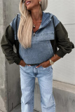 Black Casual Zipper Long Sleeve Washed Denim Patchwork Hooded Sweatshirt