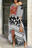Brown Casual Plaid Geometric Print O Neck 3/4 Sleeve Pocket Irregular Hem Loose Vacation Maxi Dresses