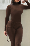 Black Casual Turtleneck Long Sleeve Draw String Ruched Blouse And Flare Leg Sportwear Two Pieces Trouser Sets