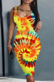 Yellow Orange Graphic Print Sleeveless U Neck Knee Length Casual Outing Bodycon Vest Midi Dress