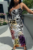 Orange Graphic Print Sleeveless Backless Spaghetti Strap Casual Outing Vacation Bodycon Maxi Slip Dress