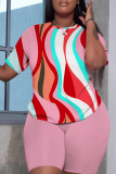 Green Graphic Print Short Sleeve O Neck Oversized T Shirt and Elastic Waist Shorts Casual Outing Two Piece Short Set