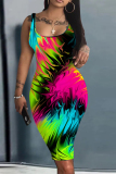 Black Graphic Print Sleeveless U Neck Knee Length Casual Outing Bodycon Vest Midi Dress