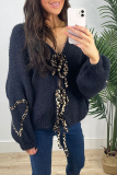 White Casual Leopard Lace Up Patchwork Weave V Neck Lantern Sleeve Outerwear Knitted Jacket