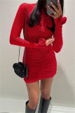 Black Half A Turtleneck Long Sleeve Ruched Clubwear Night-Out Wrap Mini Dress
