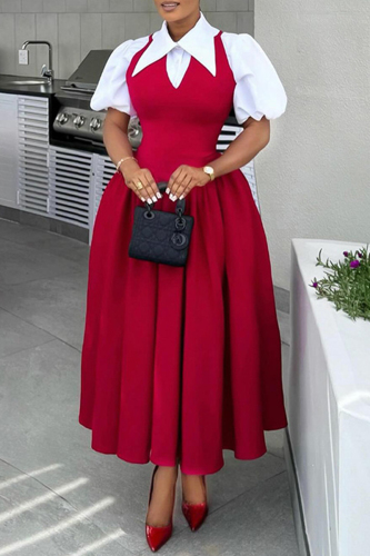 Red Shirt Collar Puff Sleeve Boot Cut A Line Business Casual Pleated Hem Midi Dress