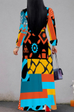 Off white Geometric Flower Print Lace Up O Neck Long Sleeve Casual Outing Vacation Flowy Maxi Dress