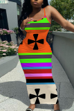 Orange Graphic Print Sleeveless Backless Spaghetti Strap Casual Outing Vacation Bodycon Maxi Slip Dress