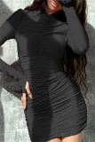 Black Half A Turtleneck Long Sleeve Ruched Clubwear Night-Out Wrap Mini Dress