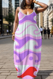 Light Purple Graphic Print Sleeveless Backless Spaghetti Strap Floor Length Casual Outing Vacation Straight Loose Maxi Slip Dress