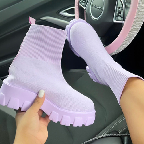 Purple PU Casual Patchwork Slip-on Comfortable Shoes Platform Sock Boots
