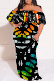 Light Green Floral Striped Print Off Shoulder Ruffle Sleeve Casual Outing Plus Size Vacation Loose Fit Maxi Dresses