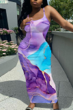 Purple Graphic Print Sleeveless Backless Spaghetti Strap Casual Outing Vacation Bodycon Maxi Dress