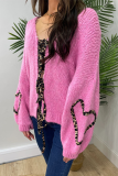 White Casual Leopard Lace Up Patchwork Weave V Neck Lantern Sleeve Outerwear Knitted Jacket