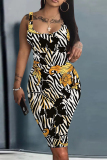 Black Graphic Print Sleeveless U Neck Knee Length Casual Outing Bodycon Vest Midi Dress