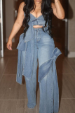 Blue Street Pocket Buttons Patchwork Bowknot Zipper High Waist Loose Wide Leg Denim Jeans
