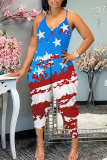 Burgundy Vacation Print Backless Spaghetti Strap Regular Harem Leg Cami Jumpsuits
