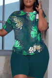 Green Graphic Print Short Sleeve O Neck Oversized T Shirt and Elastic Waist Shorts Casual Outing Two Piece Short Set