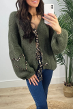 White Casual Leopard Lace Up Patchwork Weave V Neck Lantern Sleeve Outerwear Knitted Jacket