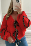 White Casual Leopard Lace Up Patchwork Weave V Neck Lantern Sleeve Outerwear Knitted Jacket