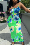 Orange Graphic Print Sleeveless Backless Spaghetti Strap Casual Outing Vacation Bodycon Maxi Slip Dress