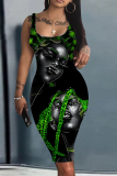 Black Graphic Print Sleeveless U Neck Knee Length Casual Outing Bodycon Vest Midi Dress