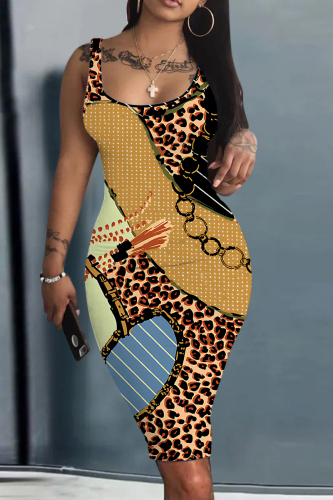 Yellow Orange Graphic Print Sleeveless U Neck Knee Length Casual Outing Bodycon Vest Midi Dress