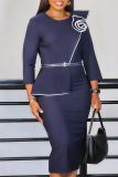 Green Formal 3/4 Sleeve Floral Applique on Chest Belted Waist Formal Office Bodycon Pencil Midi Dress