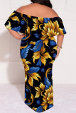 Light Green Floral Striped Print Off Shoulder Ruffle Sleeve Casual Outing Plus Size Vacation Loose Fit Maxi Dresses