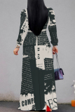 Off white Geometric Flower Print Lace Up O Neck Long Sleeve Casual Outing Vacation Flowy Maxi Dress