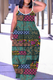 Blue Red Graphic Print Sleeveless Backless Spaghetti Strap Floor Length Casual Outing Vacation Straight Loose Maxi Slip Dress