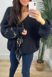 White Casual Leopard Lace Up Patchwork Weave V Neck Lantern Sleeve Outerwear Knitted Jacket