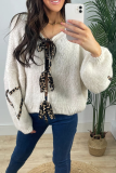 White Casual Leopard Lace Up Patchwork Weave V Neck Lantern Sleeve Outerwear Knitted Jacket