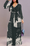 Off white Geometric Flower Print Lace Up O Neck Long Sleeve Casual Outing Vacation Flowy Maxi Dress