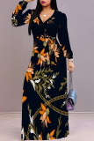 Off white Geometric Flower Print Lace Up O Neck Long Sleeve Casual Outing Vacation Flowy Maxi Dress