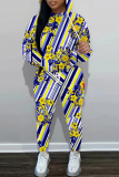 Navy Blue Casual Print Hooded Long Sleeve Tops and Pants Two Pieces Sets Sportswear Sweatsuits