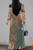 Off white Geometric Flower Print Lace Up O Neck Long Sleeve Casual Outing Vacation Flowy Maxi Dress
