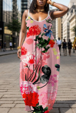 Pink Sleeveless Backless Spaghetti Strap Floor Length Casual Outing Vacation Straight Loose Maxi Slip Dress