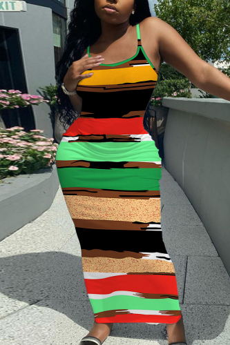 Orange Graphic Print Sleeveless Backless Spaghetti Strap Casual Outing Vacation Bodycon Maxi Slip Dress