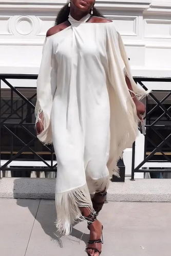 White Off-Shoulder Batwing Sleeve Cut-Out Loose Fit Vacation Halter Bohemian Fringe Maxi Dress