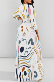 Light Blue Geometric Flower Print Lace Up O Neck Long Sleeve Casual Outing Vacation Flowy Maxi Dress