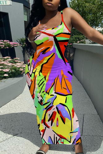 Graphic Print Sleeveless Backless Spaghetti Strap Casual Outing Vacation Bodycon Maxi Dress