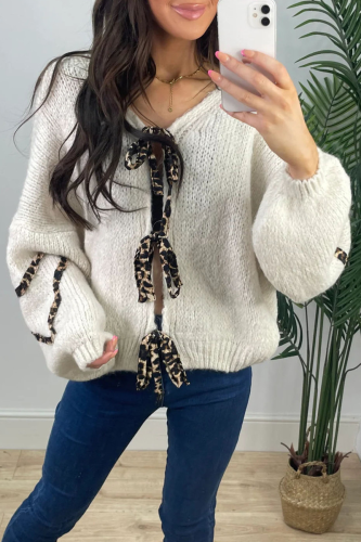 White Casual Leopard Lace Up Patchwork Weave V Neck Lantern Sleeve Outerwear Knitted Jacket