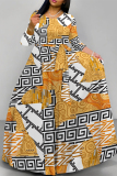 Light Blue Geometric Flower Print Lace Up O Neck Long Sleeve Casual Outing Vacation Flowy Maxi Dress