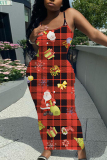 Red Black Santa Claus Christmas Tree Sleeveless Backless Spaghetti Strap Casual Outing Vacation Bodycon Maxi Dress