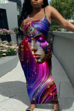 Purple Graphic Print Sleeveless Backless Spaghetti Strap Casual Outing Vacation Bodycon Maxi Dress