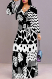 Off white Geometric Flower Print Lace Up O Neck Long Sleeve Casual Outing Vacation Flowy Maxi Dress
