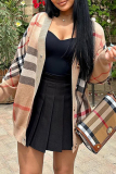 Khaki Casual Plaid Button up Patchwork Long Sleeve V Neck Outerwear Knitted Jacket
